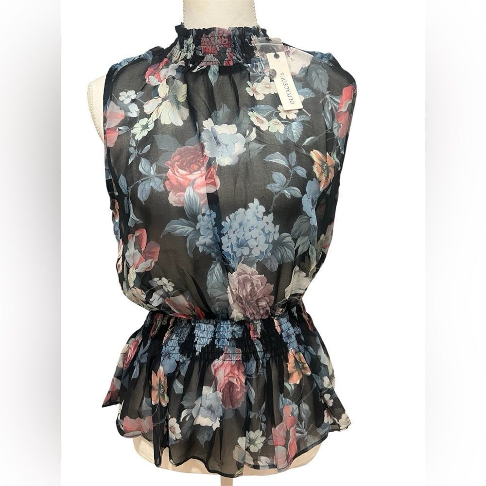 NWT Anthropologie Olivaceous floral sheer sleeveless blouse with stretch large